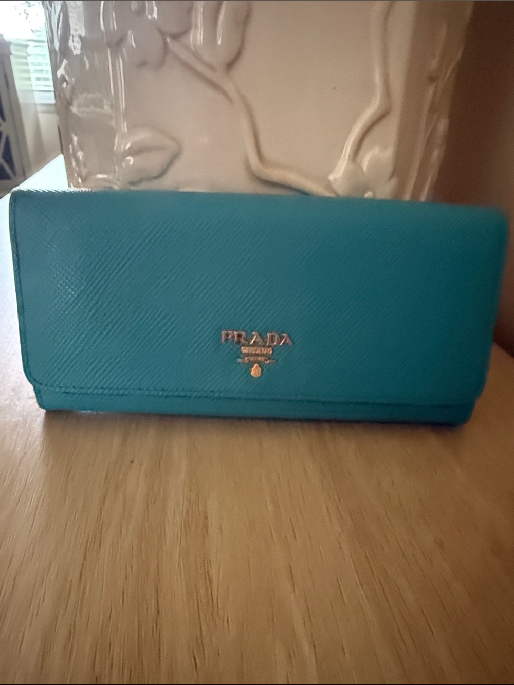 Prada Turquoise Saffiano Leather Flap Wallet with Gold Logo